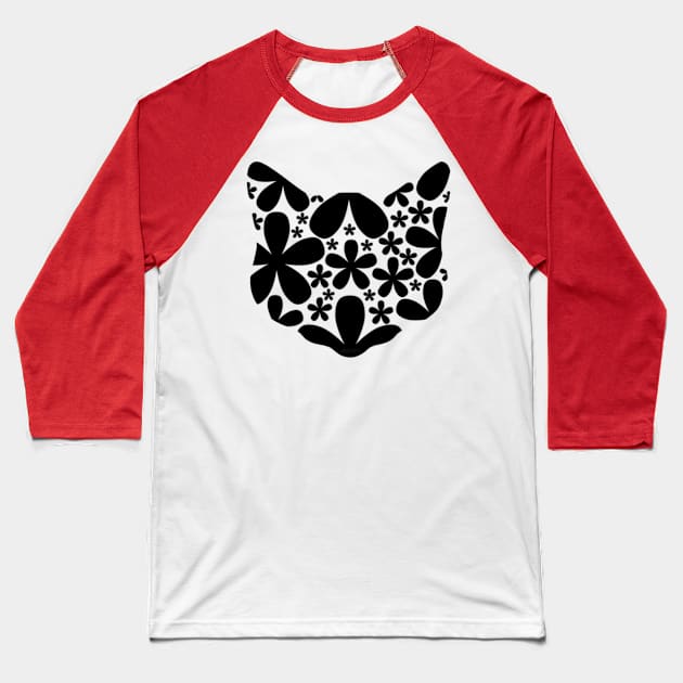 Black Floral Cat (dark) Baseball T-Shirt by Not Meow Designs 